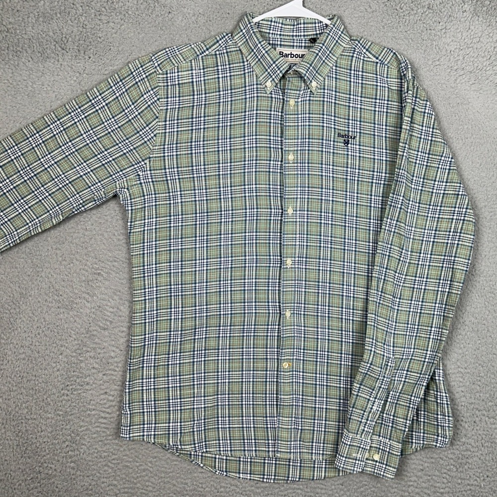 Barbour Shirt Mens Medium Tailored Fit Green Blue Plaid Button Down Stretch EUC
